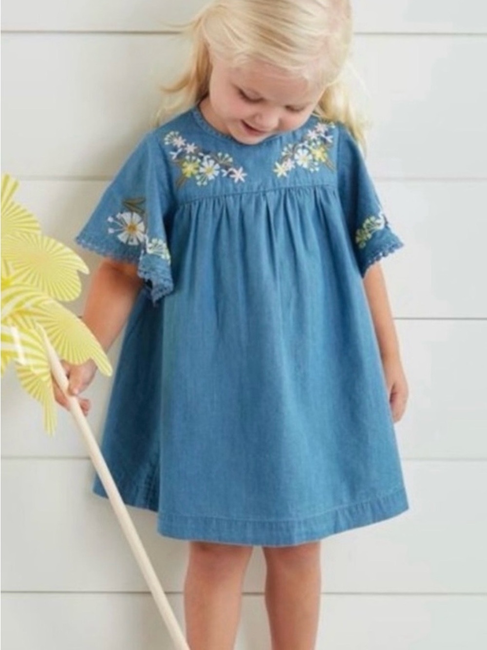 Mud Pie Le Jardin Embroidered Chambray Dress 5T Fall Demin Western Cottagecore